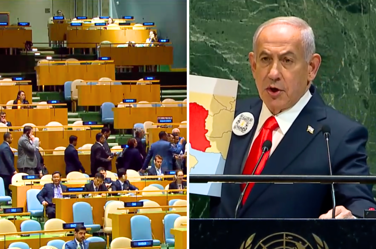 netanyahu UN speech mass walk out israel genocide