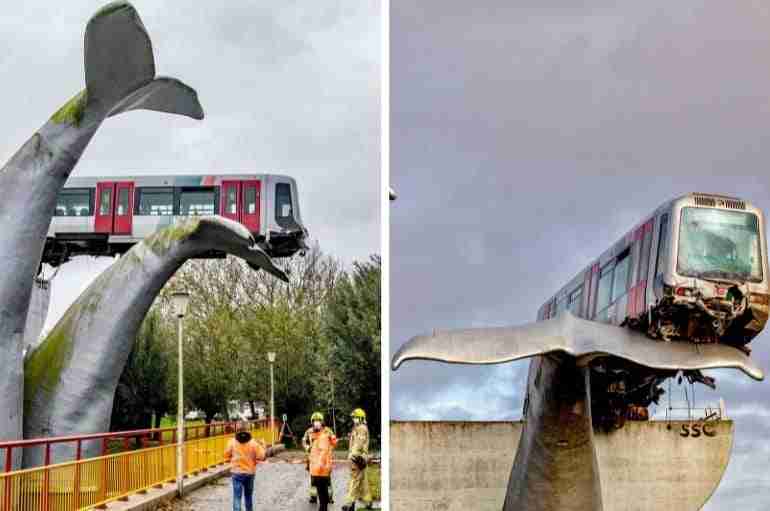 A Dutch Train Crashed Through The Barriers At The Final Stop But Was Saved By A Giant Whale Sculpture