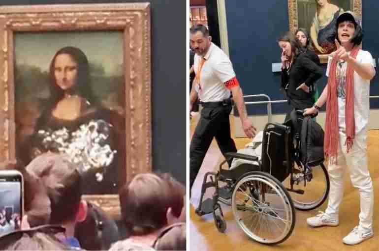 A Man Disguised As An Old Woman In A Wheelchair Threw Cake At The Mona Lisa As A Climate Protest