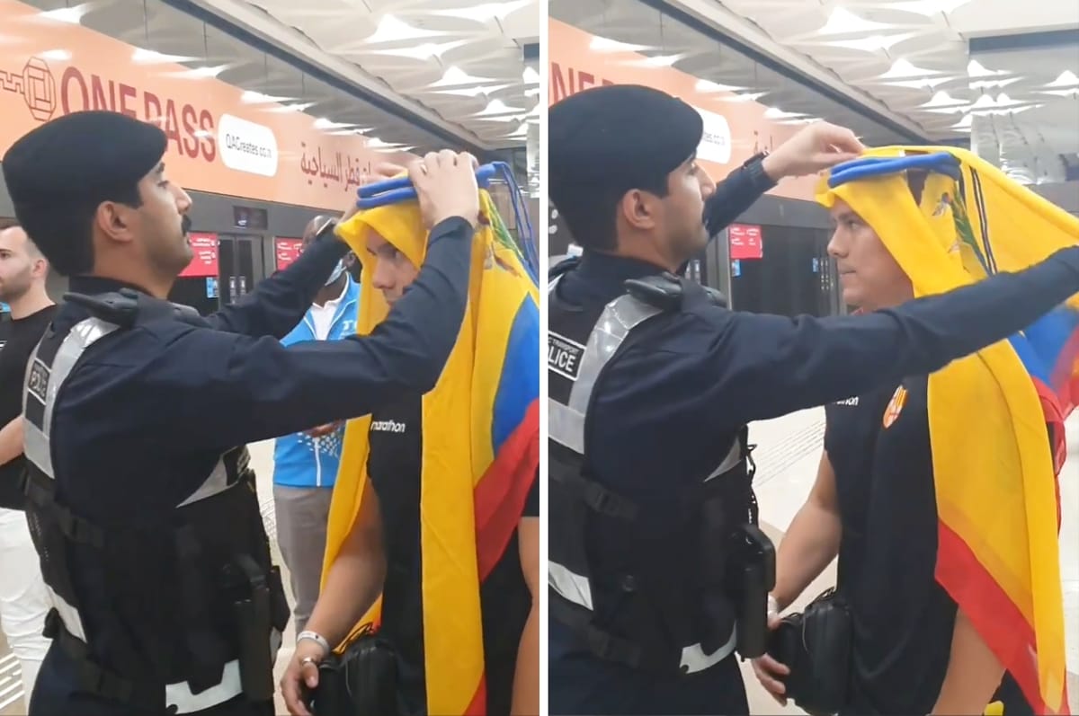 A Qatari Police Officer Helped This Ecuador Fan To Create An Arabic Headdress Out Of The Ecuador Flag