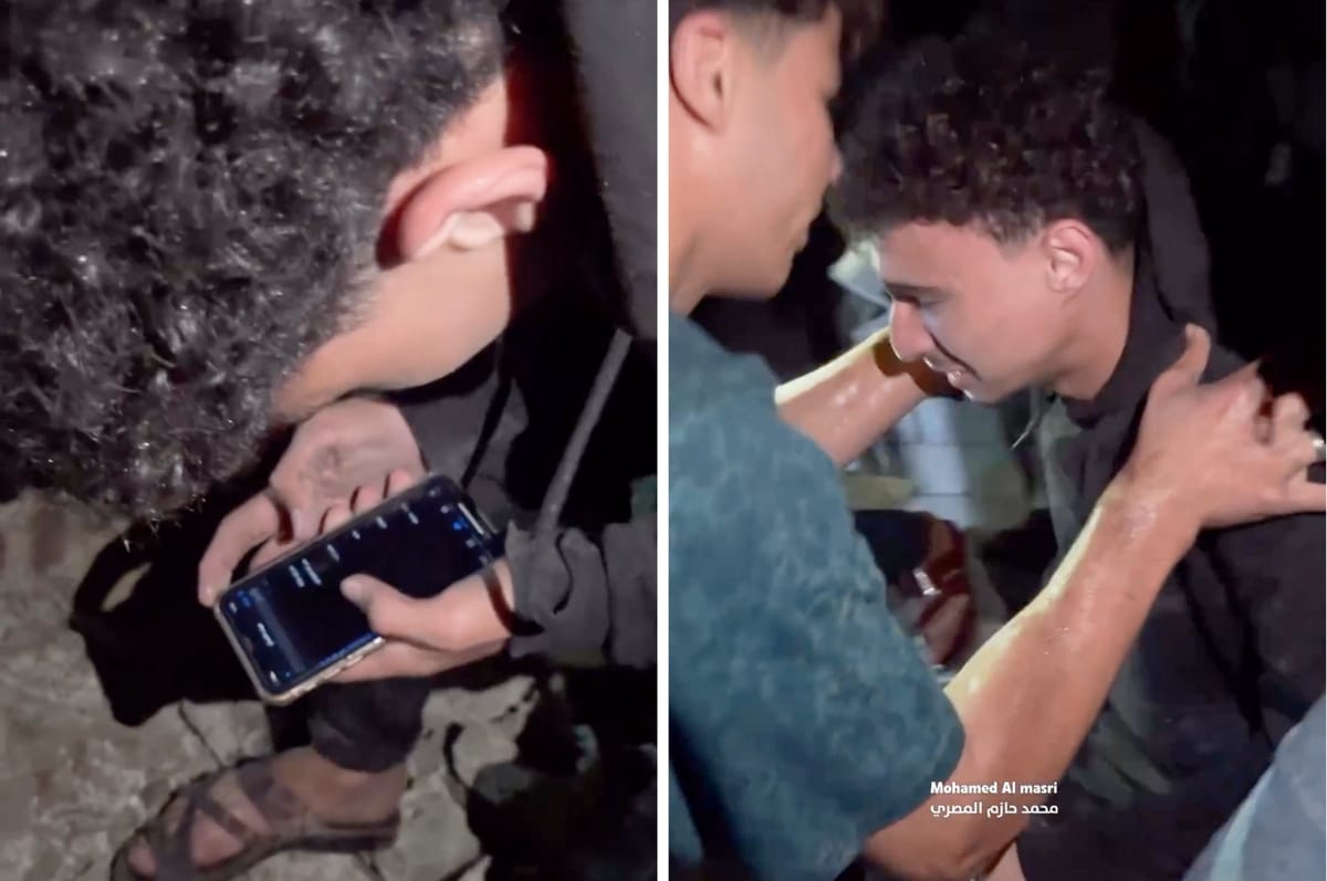 palestine man calling friend rubble israel airstrikes