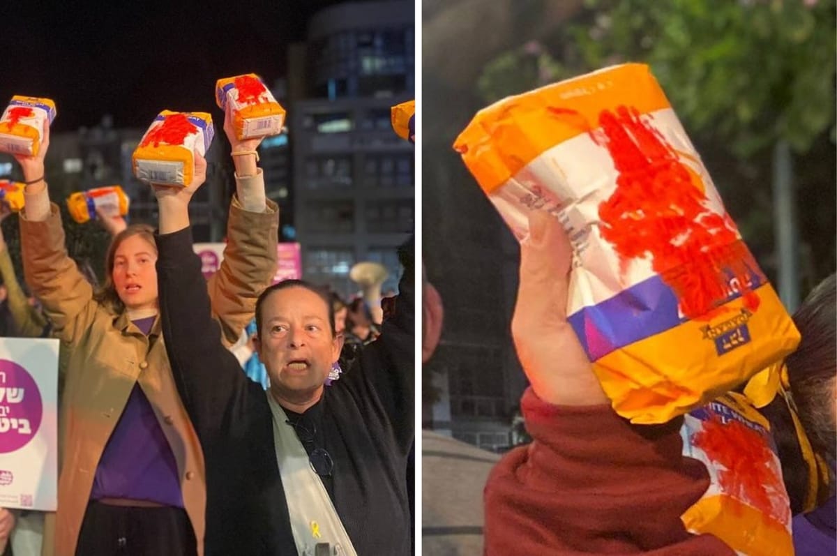 gaza flour massacre israel protest bloody bag standing together