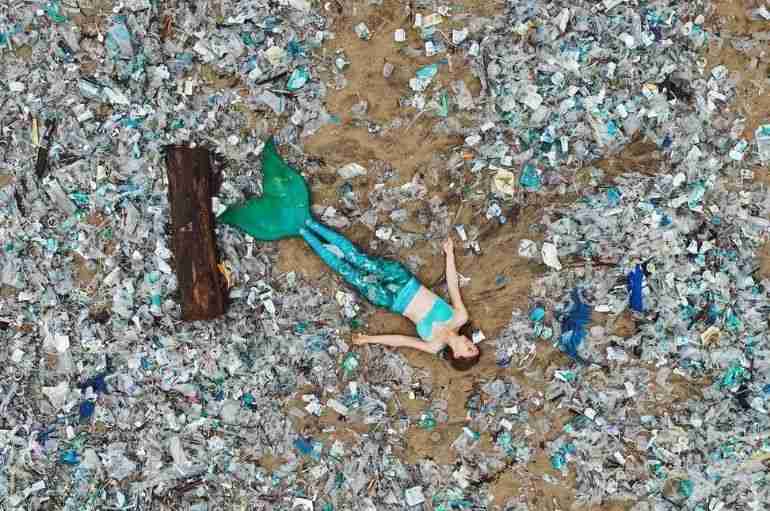 bali mermaid trash beach pollution