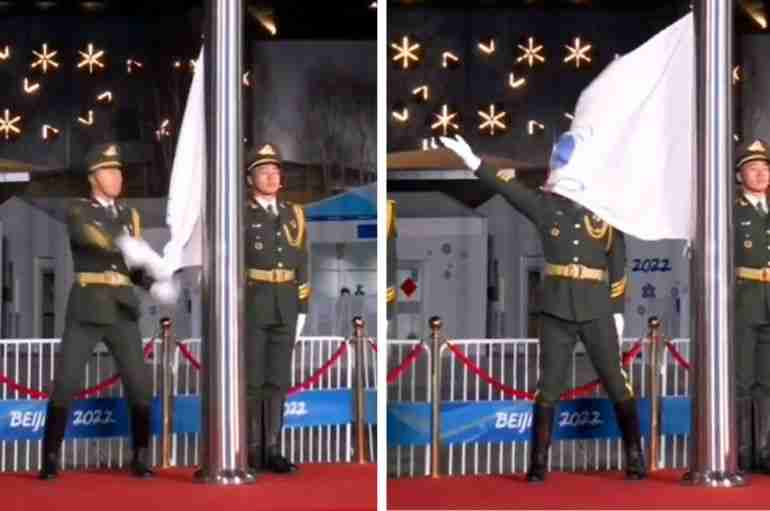 chinese soldier beijing olympics flag raising