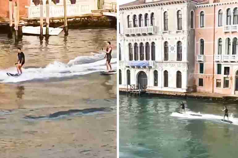 venice canal tourists surfing