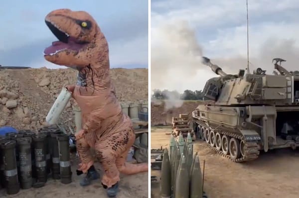 israel soldier dinosaur costume bomb gaza